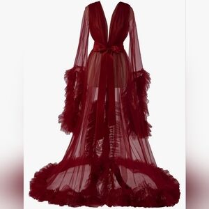 Women's Long Bridal Robes Tulle Lingerie Maternity Bathrobe Photoshoot Illusion